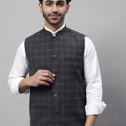 even Men Checked Woven Mandarin Collar Nehru Jackets With Welt Pockets-11