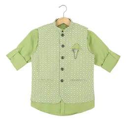 CAVIO Boys Green Printed Nehru Jacket With Brooch-4