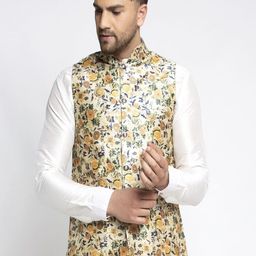 Kaifoo Men Multi-Coloured Printed Satin Silk Nehru Jackets-19