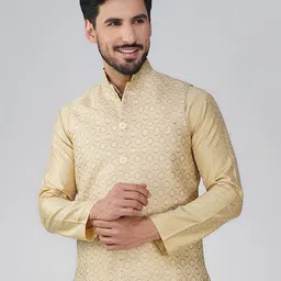 Vastraa Fusion Ethnic Motifs Woven Design Mandarin Collar Pure Silk Nehru Jacket-13
