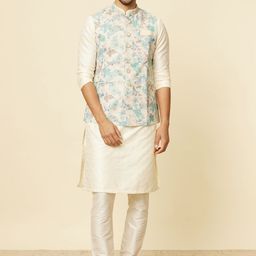 Manyavar Floral Printed Linen Nehru Jacket-image-7