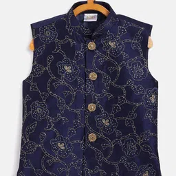 VASTRAMAY Boys Navy Blue Silk Blend Embroidered Nehru Jacket-picture-56