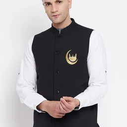 even Men Black Embroidered Woven Nehru Jacket-image-18