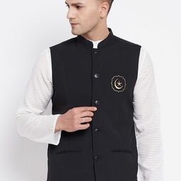 even Men Black Eid Insignia Embroidered Woven Nehru Jackets-50