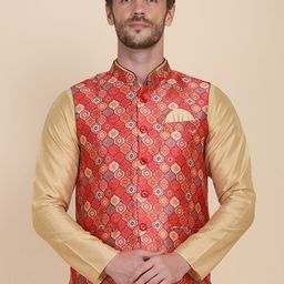 TAHVO Men Red Printed Woven Nehru Jackets-22