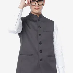 JADE BLUE Checked Regular Fit Nehru Jacket image 5