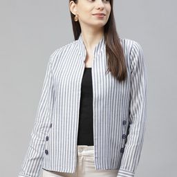 Cottinfab Women White & Blue Striped Lightweight Cotton Open Front Jacket-picture-29