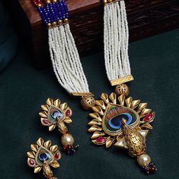 PANASH Gold-Plated White & Red Stone-Studded & Pearl Beaded Jewellery Set-5