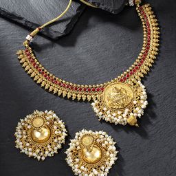 Peora Women Gold-Plated Artificial Stones & Pearls Studded Jewellery Set-image-62