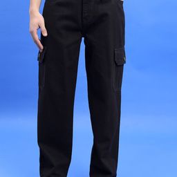 HIGHLANDER Men Black Wide Leg Clean Look Cargo Jeans-image-0