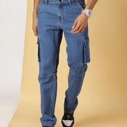 Thomas Scott Men Mid-Rise Smart Relaxed Fit Light Fade Cargo Style Pure Cotton Jeans-image-71