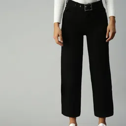 SHOWOFF Women Black Wide Leg High-Rise Stretchable Jeans With Belt-image-30