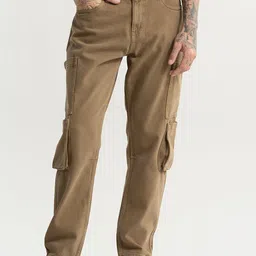 Snitch Men Brown Baggy Fit Pure Cotton Cargo Jeans-image-94