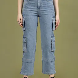 plusS Women Blue High-Rise Clean Look Cotton Cargo Style Jeans-picture-40