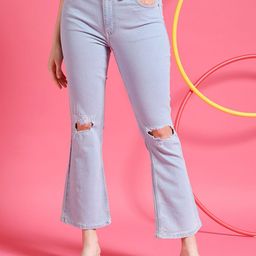 Freehand by The Indian Garage Co Women Blue Bootcut Mid-Rise Slash Knee Stretchable Jeans-image-31