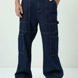 Bewakoof Men Baggy Straight Fit Clean Look High-Rise Cotton Cargo Jeans-picture-47