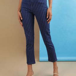 Freehand by The Indian Garage Co Women Blue Striped Straight Fit Clean Look High-Rise Stretchable Jeans-image-48