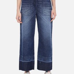 Orchid Blues Women Blue Flared High-Rise Heavy Fade Patch Raw Crop Hem Pure Cotton Jeans-image-21