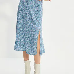 Trendyol Women Blue & Pink Floral Printed Slit A-Line Midi Skirt-image-88