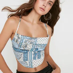 Trendyol Women White & Blue Print Styled Back Crop Top-image-23