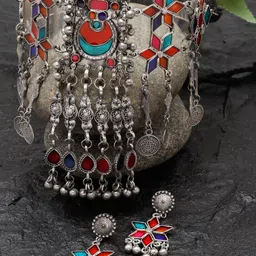 Moedbuille Silver-Plated Stone Studded Meenakari Tasselled Afghan Oxidised Jewellery Set-20