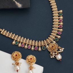 ATIBELLE Gold-Plated Stone-Studded & Beaded Necklace & Earrings-image-11