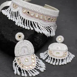 Moedbuille Silver Plated Mirrors Beads & Pearls Studded Contemporary Design Jewellery Set-12