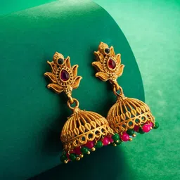 aadita Gold-Plated Stone-Studded & Beaded Dome Shaped Jhumkas-11
