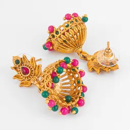 aadita Gold-Plated Stone-Studded & Beaded Dome Shaped Jhumkas image 3