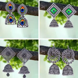 MEENAZ Set Of 4 Silver-Plated Dome Shaped Enamelled Oxidised Jhumkas-7
