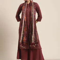 Jompers Women Maroon Floral Embroidered Mukaish Kurta with Palazzos & Dupatta-picture-51