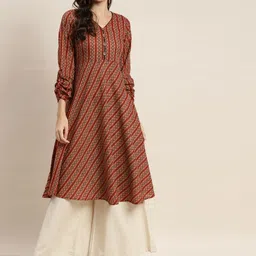 Jompers Women Brown & Black Geometric Printed Anarkali Kurta-image-5