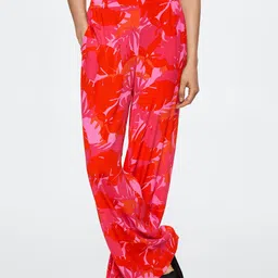 MANGO Women Pink & Orange Floral Printed Pleated Trousers-image-57