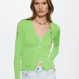 MANGO Women Green Solid Ribbed Knitted Cardigan-image-23