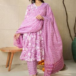 Indo Era Floral Printed V Neck Pure Cotton Panelled A-Line Kurta with Trousers & Dupatta-picture-40