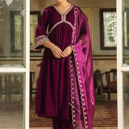 Janasya Floral Embroidered Pleated Sequinned Velvet A-Line Kurta With Trouser & Dupatta-picture-3