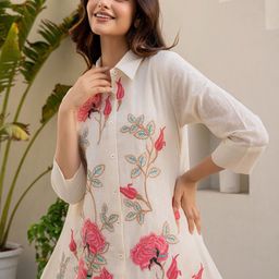 Indo Era Floral Embroidered Thread Work Pure Cotton A-Line Kurta With Trousers-19