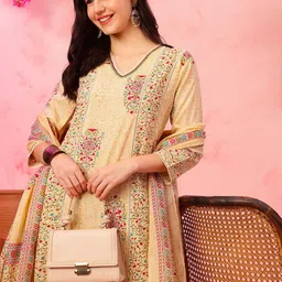 Anouk Floral Printed Panelled Lace Work Pure Cotton A-Line Kurta With Trousers & Dupatta-31