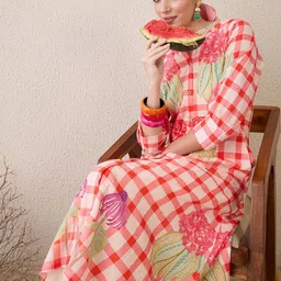 Indo Era Floral Printed Mandarin Collar Pure Cotton A-Line Kurta With Trouser-image-94