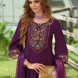 Indo Era Floral Yoke Design Tie-Up Neck Thread Work A-Line Kurta & Trousers With Dupatta-16