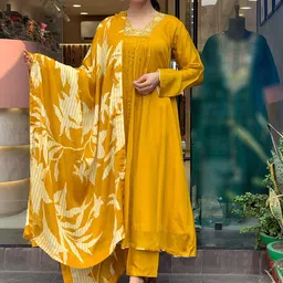 Lilots Floral Yoke Design Square Design Thread Work A-Line Kurta With Trousers And Dupatta-16