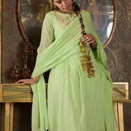 Indo Era Floral Embroidered Empire Thread Work Pure Cotton Kurta With Trousers & Dupatta-picture-37