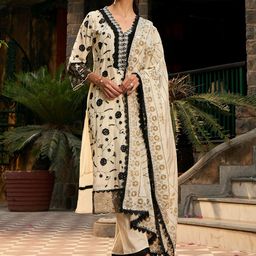 Indo Era V Neck Floral Embroidered Thread Work Pure Cotton Kurta with Trouser & Dupatta-picture-18