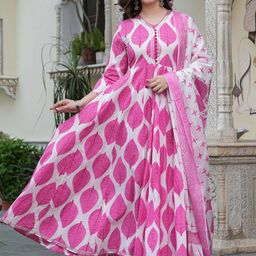 Mizaz Women Floral Printed Layered Gotta Patti Pure Cotton Kurta with Trousers & With Dupatta-44