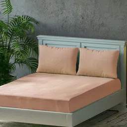 Trance Home Linen Peach-Coloured 300 TC Pure Cotton Fitted King Bedsheet & 2 Pillow Covers-image-56