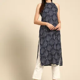 Anouk Women Navy Blue & White Bandhani Prints Thread Work Kurta-picture-17