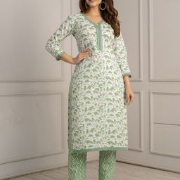 anouk rustic Anouk Green Floral Printed Mirror Work Pure Cotton Kurta Set With Dupatta image 5