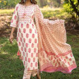Libas Women Floral Printed Regular Gotta Patti Pure Cotton Kurta with Trousers & Dupatta-image-65