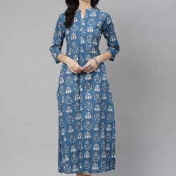 Divena Women Blue & White Pure Cotton Ethnic Motifs Printed Kurta-image-76
