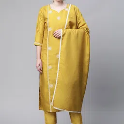SERONA FABRICS Women Yellow Floral Embroidered Silk Chiffon Kurta with Trousers & Dupatta-8